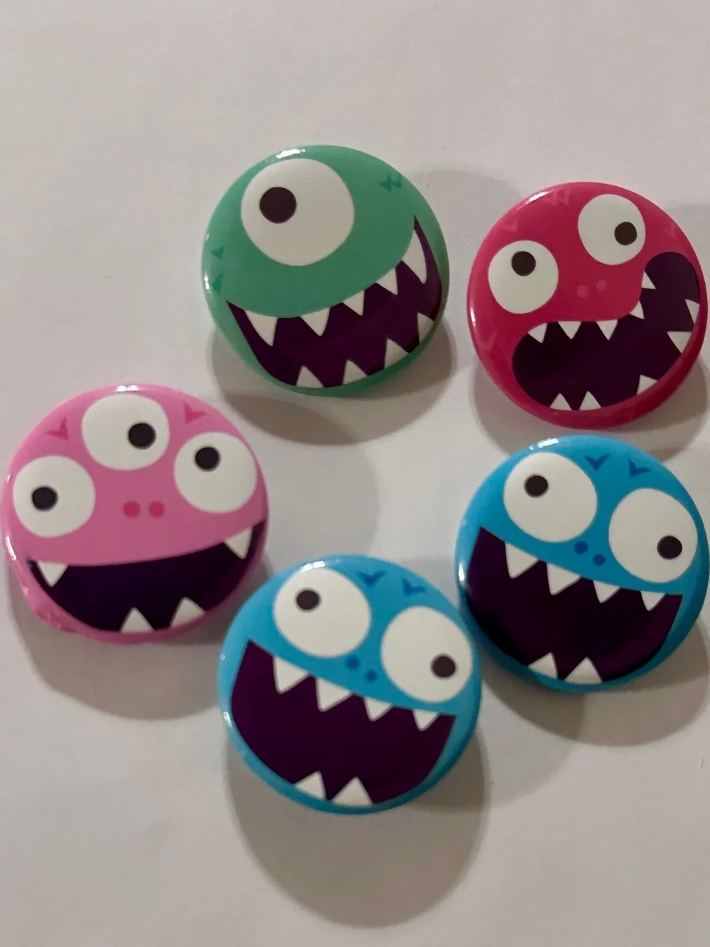 Set of 5 Colorful Monster Buttons - Pink, Green, Red, Blue - Prizes Favors Gifts